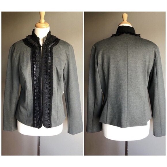Coldwater Creek Womens Sz 8 Ponte Knit Ruffled Lace Blazer Jacket Stretch m Gray - Picture 5 of 12